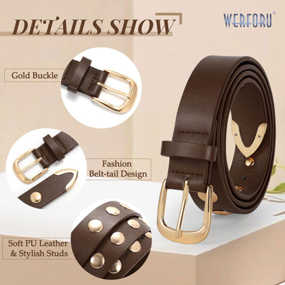 WERFORU Women Fashion Leather Belt Studded Leather Belt Ladies Belts for Jeans Dress Punk Belt,Coffee,25"-30" Waist Adjustable-