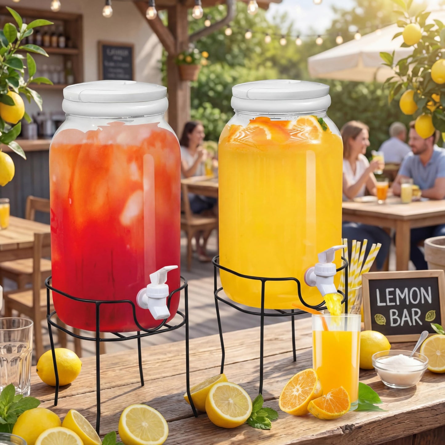 Tanlade 2 Pcs Plastic Drink Dispenser with Stand Beverage Dispenser with Sturdy Metal Base Juice Dispensers for Parties Lemonade Jar with Spigot for Weddings Countertop Water Tea, Each 1 Gallon