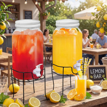 Tanlade 2 Pcs Plastic Drink Dispenser with Stand Beverage Dispenser with Sturdy Metal Base Juice Dispensers for Parties Lemonade Jar with Spigot for Weddings Countertop Water Tea, Each 1 Gallon