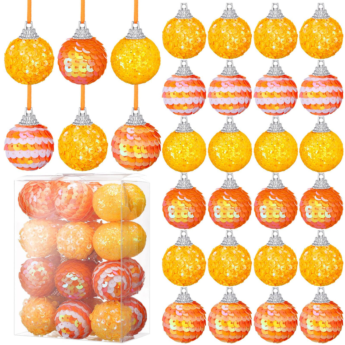Sotiff 24 PC Mini Tree Ornaments Pumpkin Hanging Christmas Ornaments Glitter Foam Ball Fabric Wrapped Small Fake Pumpkins Mini Ball for Autumn Home Christmas Decors (Glitter)