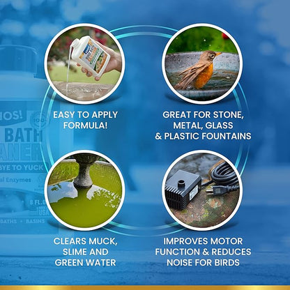 ADIOS! Bird Bath Cleaner for Outdoor Fountains and Bowls, Safely Cleans Metal, Glass and Stone (8oz)