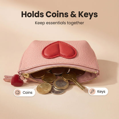 Red Heart Design Small Coin Purse - Cute Compact Keychain Change Purse Soft Leather Wallet with Zipper for Women (Pink)