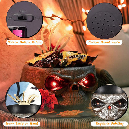 Halloween Candy Bowl, Animated Halloween Skull Pumpkin Bowl, Automatic Sensor/Button Press Scary Candy Dish with Creepy Moving Skeleton Hand and Scream for Trick or Treat to Kids(Skeleton Style)