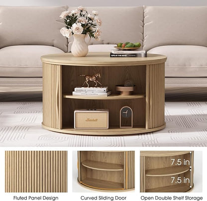 Round Lift Top Coffee Table, 31.5” Mid Century Modern Center Table with Hidden Storage, Fluted Circle Coffee Tables for Living Room, Home Office, Oak