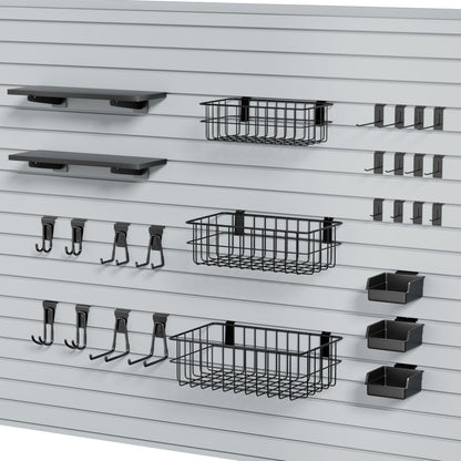 35Pcs Slatwall Accessories Kit, with Slatwall Hooks, Baskets, Shelves, Bins, Heavy Duty Slat Wall Accessory for Garage Organization, Workshop & Utility Room