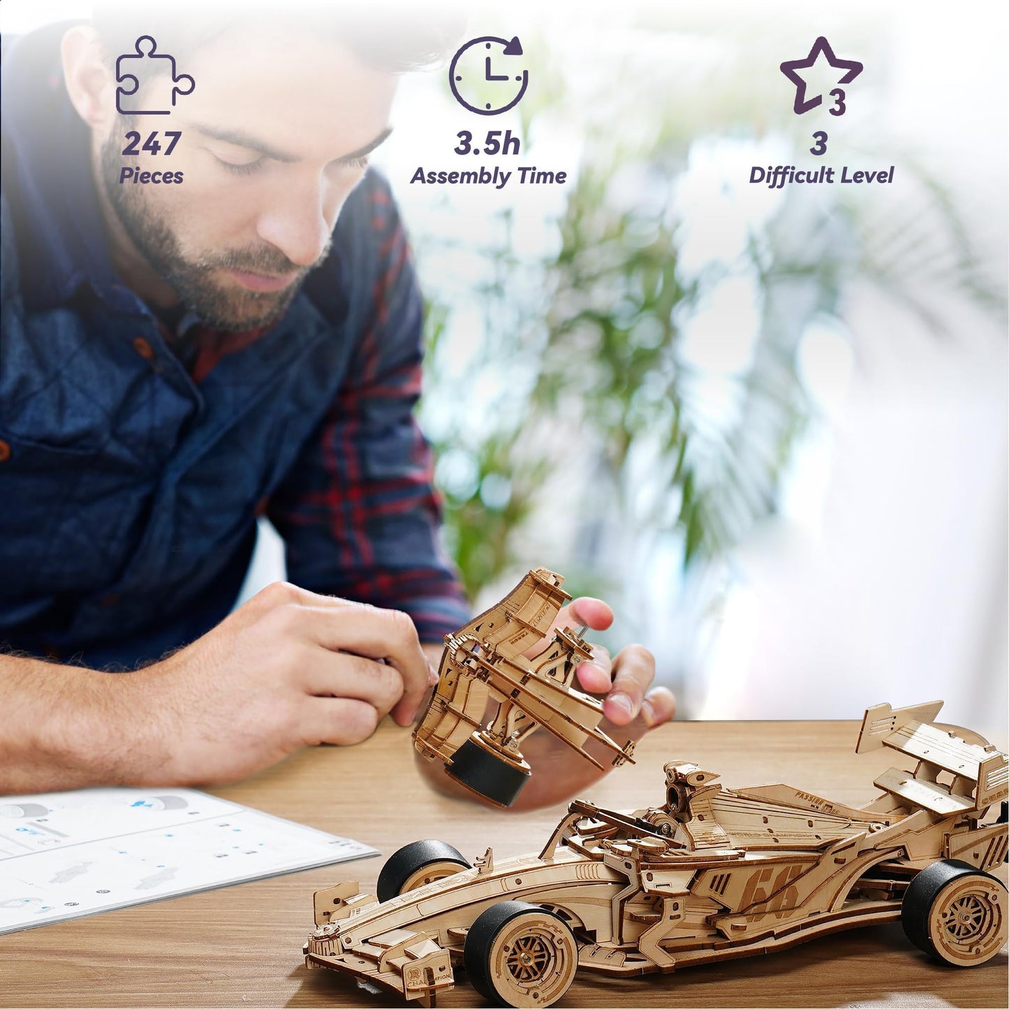 ROBOTIME 3D Puzzles for Adults, 1:18 Scale Wooden Formula Racing Car LK505, Wood Mechanical Model Car Kits to Build, Cool Crafts for Teens & Adults Project Kits Model Building Set