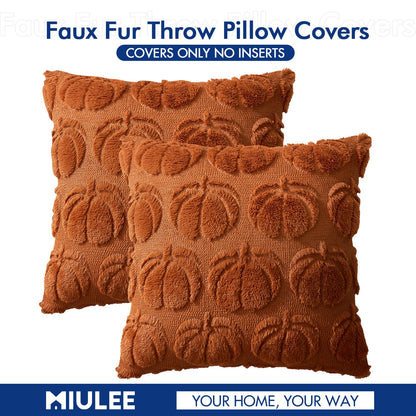 MIULEE Fall Throw Pillow Covers 18x18 Set of 2 Autumn Decorations Dark Rust Pumpkin Accent Pillowcase for Outdoor Porch Sofa Couch Bed Living Room Plush Faux Fur Halloween Farmhouse Home Decor