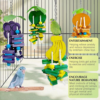 Hamiledyi Natural Wood Block Bird Cage Toys Parrot Chewing Toy Orange&Apple& Banana&Grapes Shaped Hanging Foraging Toy for Small&Medium Birds Parakeets Cockatiels,4pcs