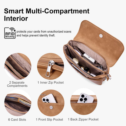 Lexiyat Crossbody Bags for Women Vegan Leather Travel Small Cell Phone Purse Rfid Shoulder Bag with 2 Straps Camelbrown