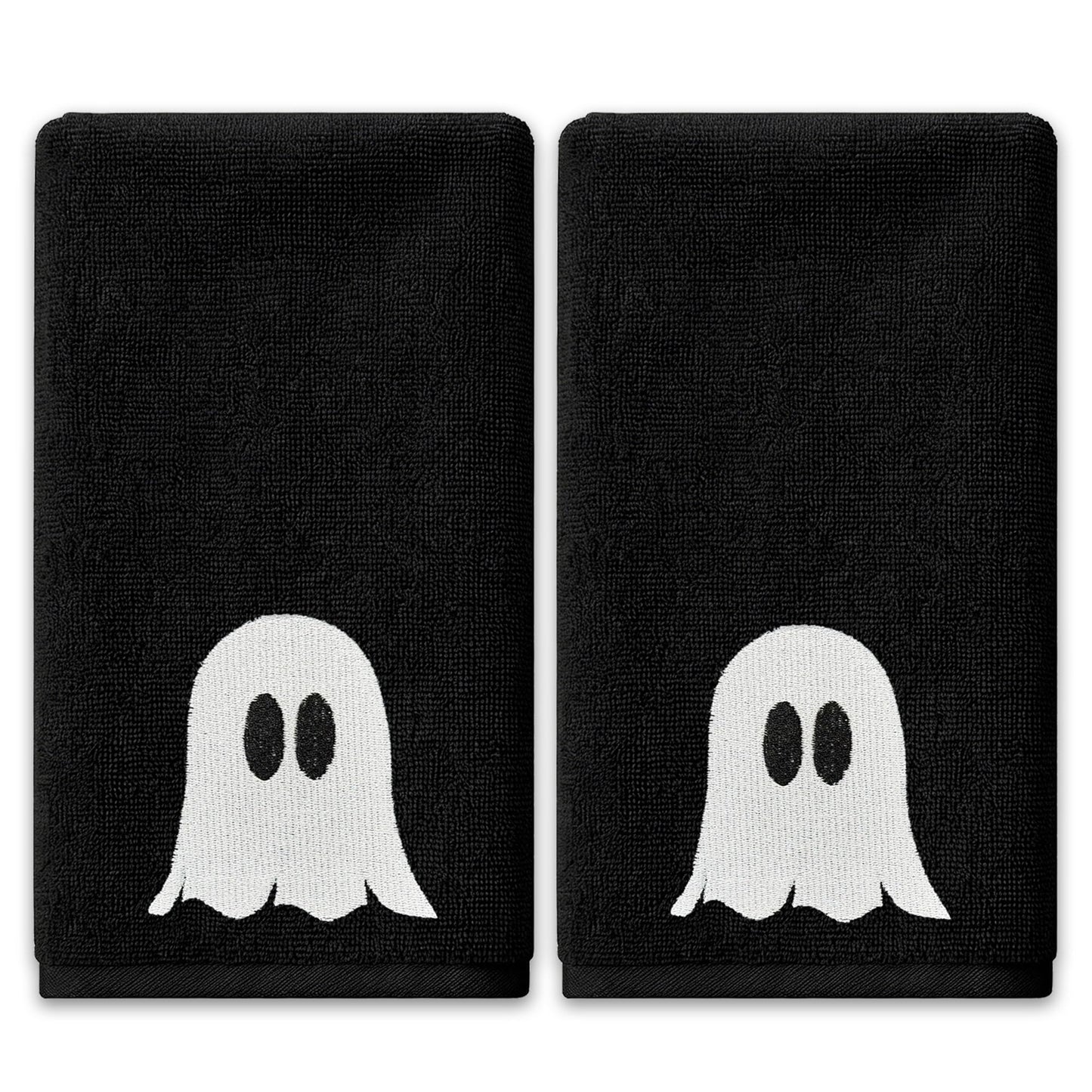Hexagram Halloween Hand Towels Set of 2, Embroidered Ghost Black Bathroom Towels, Halloween Decor, Dish Towel for Drying Cleaning 14x 30 Inch