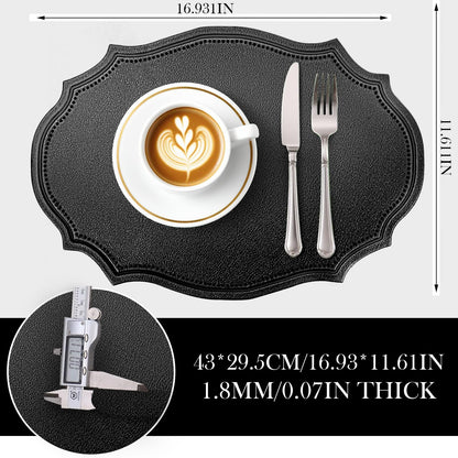 fanquare Faux Leather Placemats Set of 6,Oval Heat-Resistant Wipeable Surface Tablemats, Non-Slip Grip, Waterproof Table Décor for Dining, Black