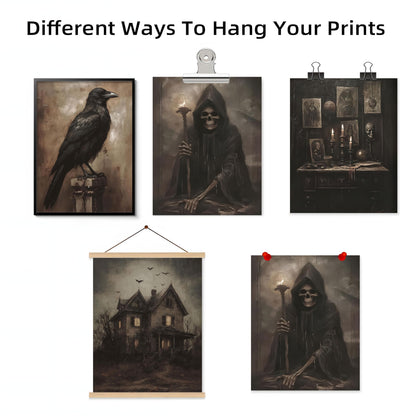 Halloween Posters Wall Art Set of 9, Dark Academia Headless Horseman Wall Decor, Gothic Moody Ghost Paintings, Spooky Witch Raven Canvas Prints Pictures for Living Room Bedroom 8x10 Inch Unframed