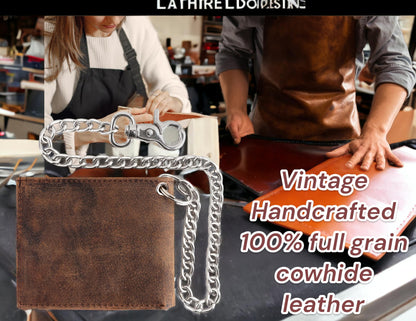F&L CLASSIC RFID Blocking Mens bi-fold Style Cowhide Leather Steel Chain Wallet, brown vintage leather
