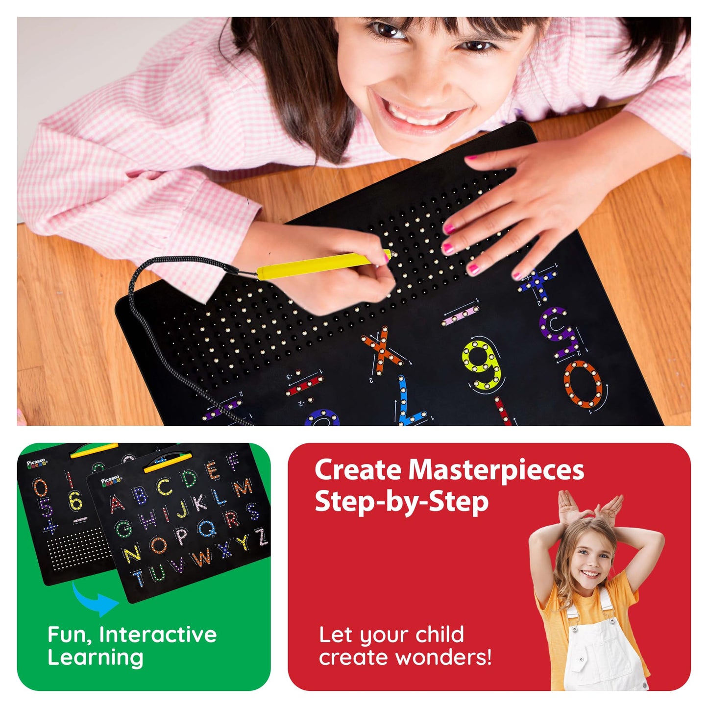 PicassoTiles 2in1 Magnetic Drawing Board Toy 12x10 In Large Magnet Bead Pad with Alphabet and Math Side in Black STEM Educational Writing Playboard Reusable Erasable Learning Tablet for Kids PTB02-BLK