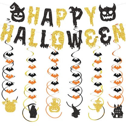 SHERONV Halloween Party Decorations, Black Gold Glitter Happy Halloween Banner, Pumpkin Ghost Bats Decorations, Hanging Swirls for Home Office Indoor Outdoor Party Event Decors