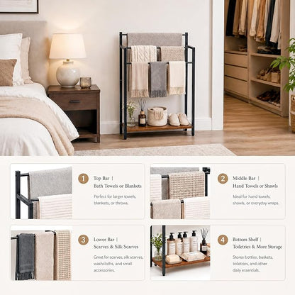 24.8" W Freestanding Towel Rack, 3 Tier Blanket Ladder Stand with Rustic Brown Wooden Shelf for Bathroom Living Room