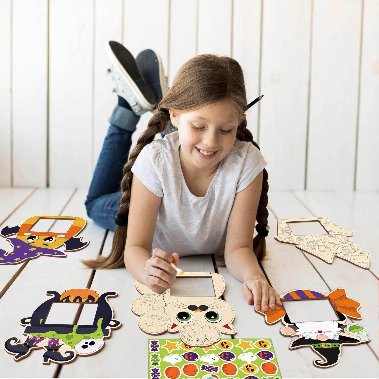Moon Boat 18PCS Halloween Crafts for Kids Picture Frame Kit DIY Wooden Crafts Painting Your Own Hallowmas Activities Party Supplies