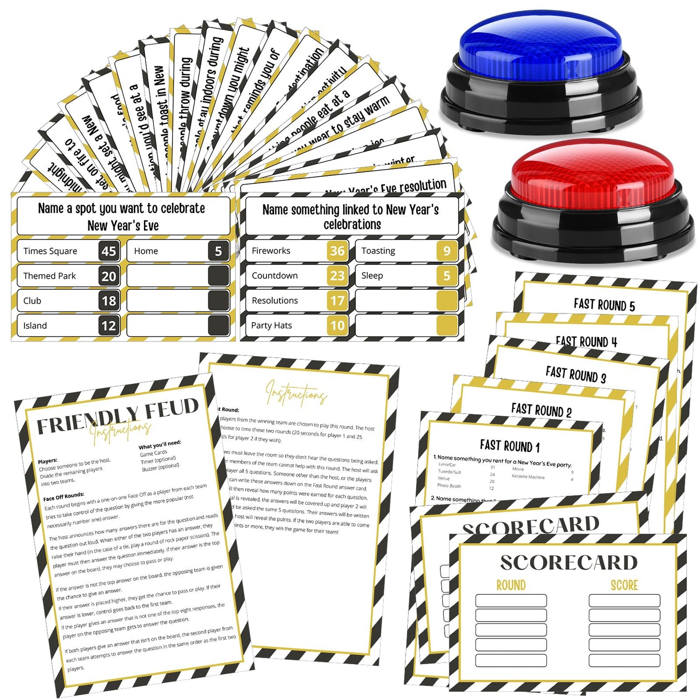 Humyoun New Year Family Fued Game Cards with 2 Answer Buzzers, New Years Eve Family Trivia Quiz Game Night Fun Holiday Fued Cards for Adults Party Office Classroom Team Building Countdown