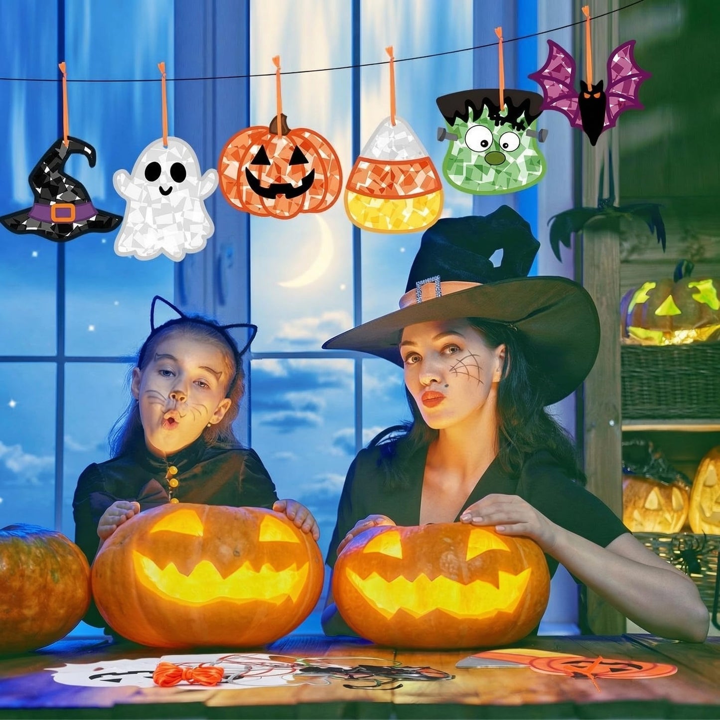 Feifeiya 24 Set Halloween Suncatcher Crafts with Tissue Paper DIY Stained Glass Effect Sun Catcher Kit Make Your Own Halloween Crafts Hanging Ornaments for Window Activity Creative Projects