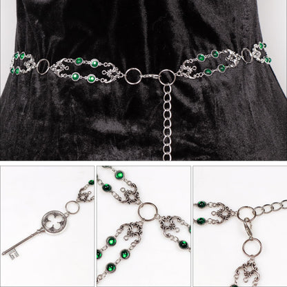 L'VOW Women Renaissance Belt Viking Witch Belt Green Waist Metal Chain Belt for Medieval Dresses