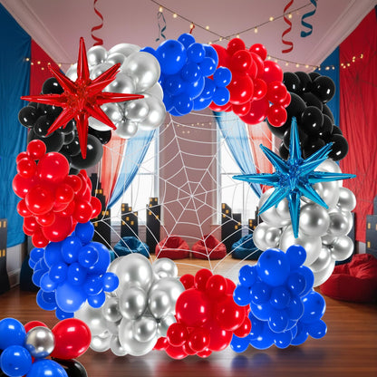 Leyndo 332 Pcs Spider Balloons Arch Garland Kit with 10.8 ft 7 Coils White Fake Spider Web Black Red and Blue Metallic Silver Latex Balloons Arch Kit for Hero Theme Baby Shower Birthday Party Decor