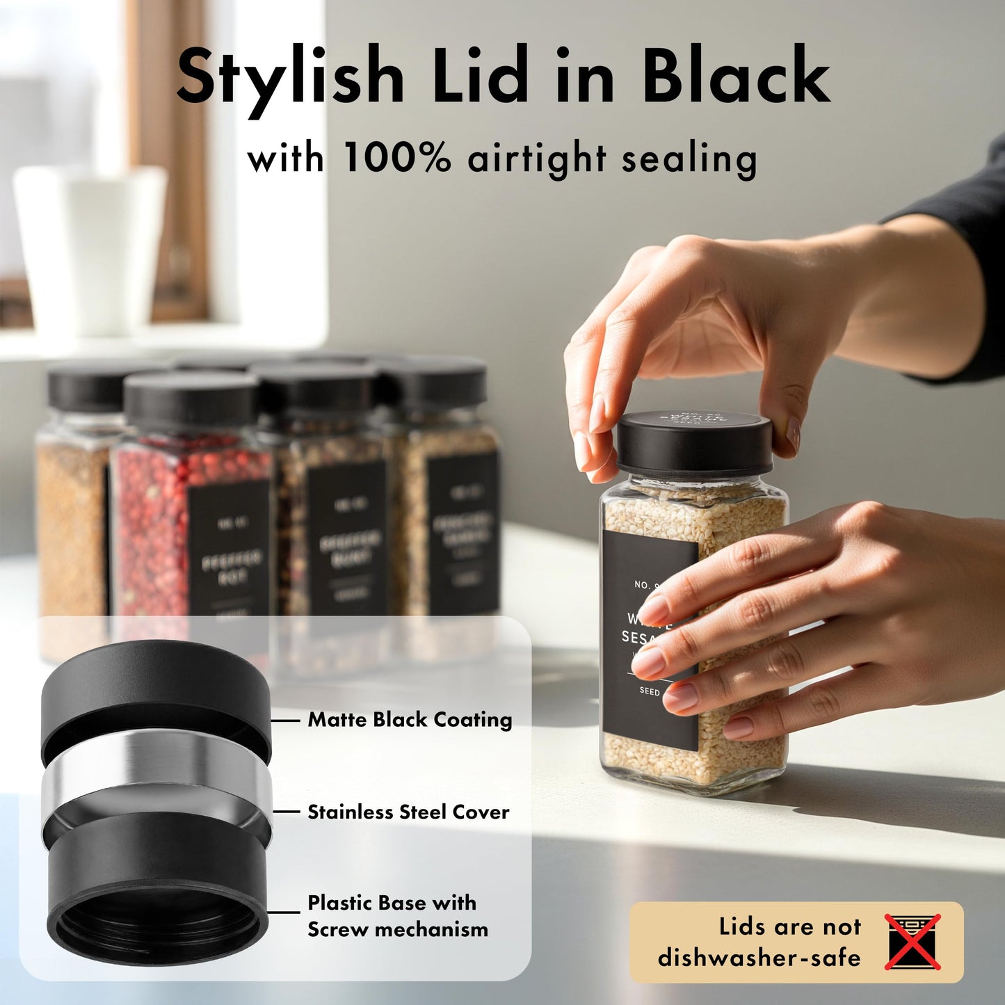 EDELHAUS Glass Spice Jars with Label and Black Lids (24 x 4oz) Spice Containers with 240 Labels, Shaker Inserts, Steel Funnel, Empty Square Seasoning Organizer for Spice Rack, Cabinet, Drawer