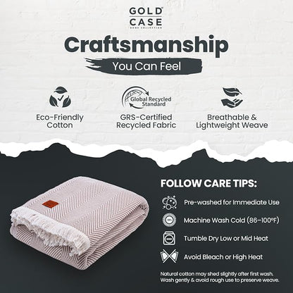 Gold Case Throw Blanket for Bed - 100% Recycled Turkish Cotton Blanket - Elegant Lightweight Soft Throw Blankets for Bed & Living Room - Twin Size Cozy Blankets - 71x90 - Beige