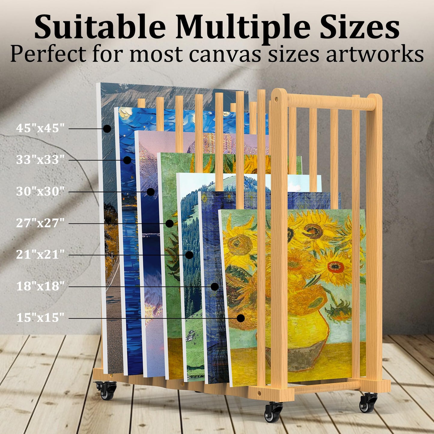GARVIN Art Storage Rack with Wheels & Handle- Beech Wood Canvas Organizer & Artwork Storage Organizer for Drawing Board, Panel, Paper Pad for Art Studios, Artworks, Gallery, Classroom