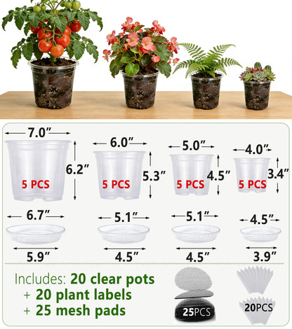 RZOIKZOI 20-Pack Clear Nursery Pots with Saucers (4/5/6/7 Inch)– Transparent Plastic Plant Pots with Drainage Holes and 20 Labels, Assorted Sizes for Seed Starting, Succulents, Indoor and Outdoor Use