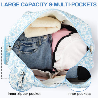Abbylike 2 Pcs Large Quilted Duffle Bag Blue Floral Coquette Duffle Bag with Makeup Pouch Quilted Weekender Diaper Tote with Shoe Compartment for Women Travel Hospital