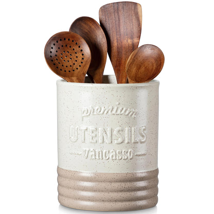 vancasso Sabine Ceramic Utensil Holder for Kitchen Counter, 7.2" Large Utensil Crock, Matte Cream Farmhouse Kitchen Utensil Holder, Countertop Organizer for Spoons, Spatulas and Cooking Tools