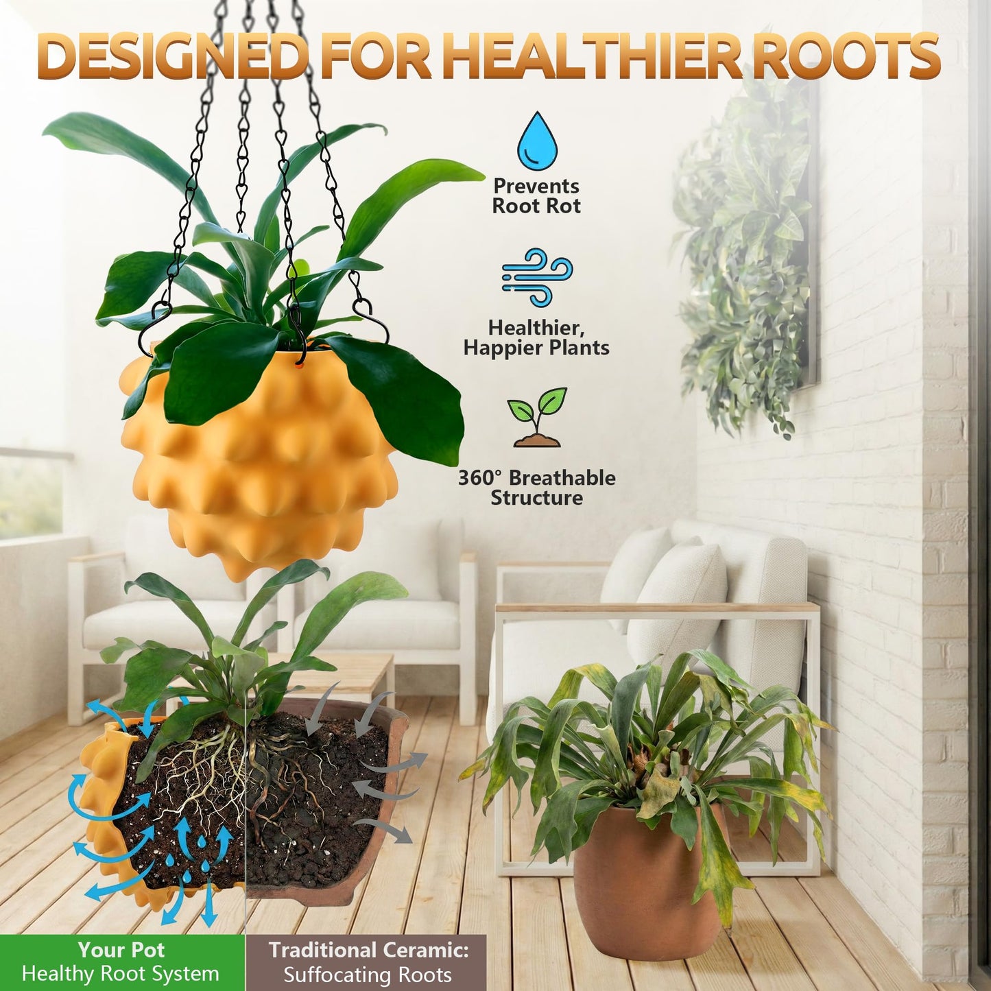 Enhon 6 Inch Hanging Planters for Indoor Plants, Unique Hanging Pots for Plants with Drainage and Hanger Baskets Hangers, Spiked Orb Plant Hanger, Matte Mustard Yellow