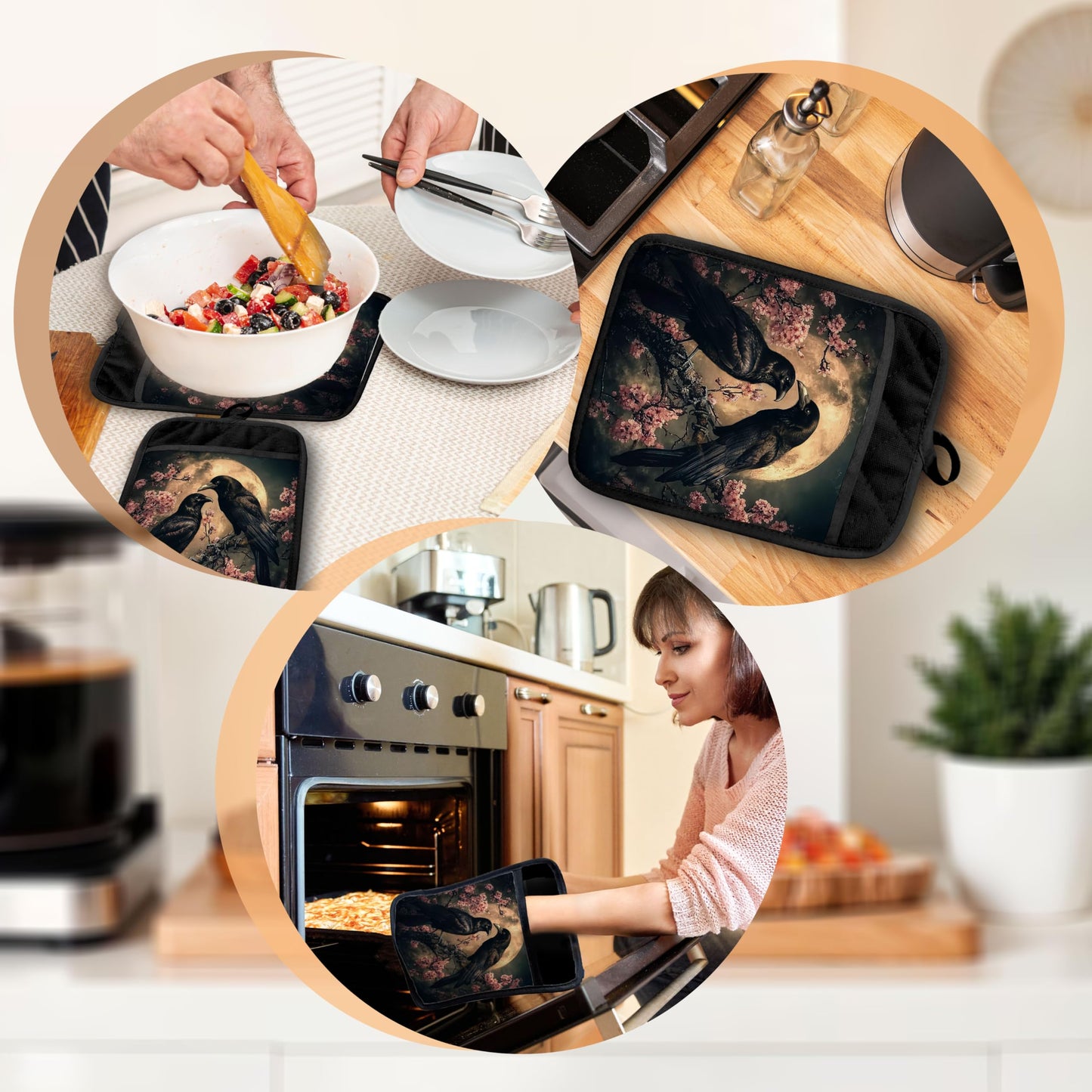 GOOZHO Moody Moonlit Gothic Raven Pot Holders with Pockets, Dark Academia Halloween Crow Cherry Blossom Oven Pot Holders Heat Resistant Oven Mitts Hot Pads for Kitchen Baking Cooking