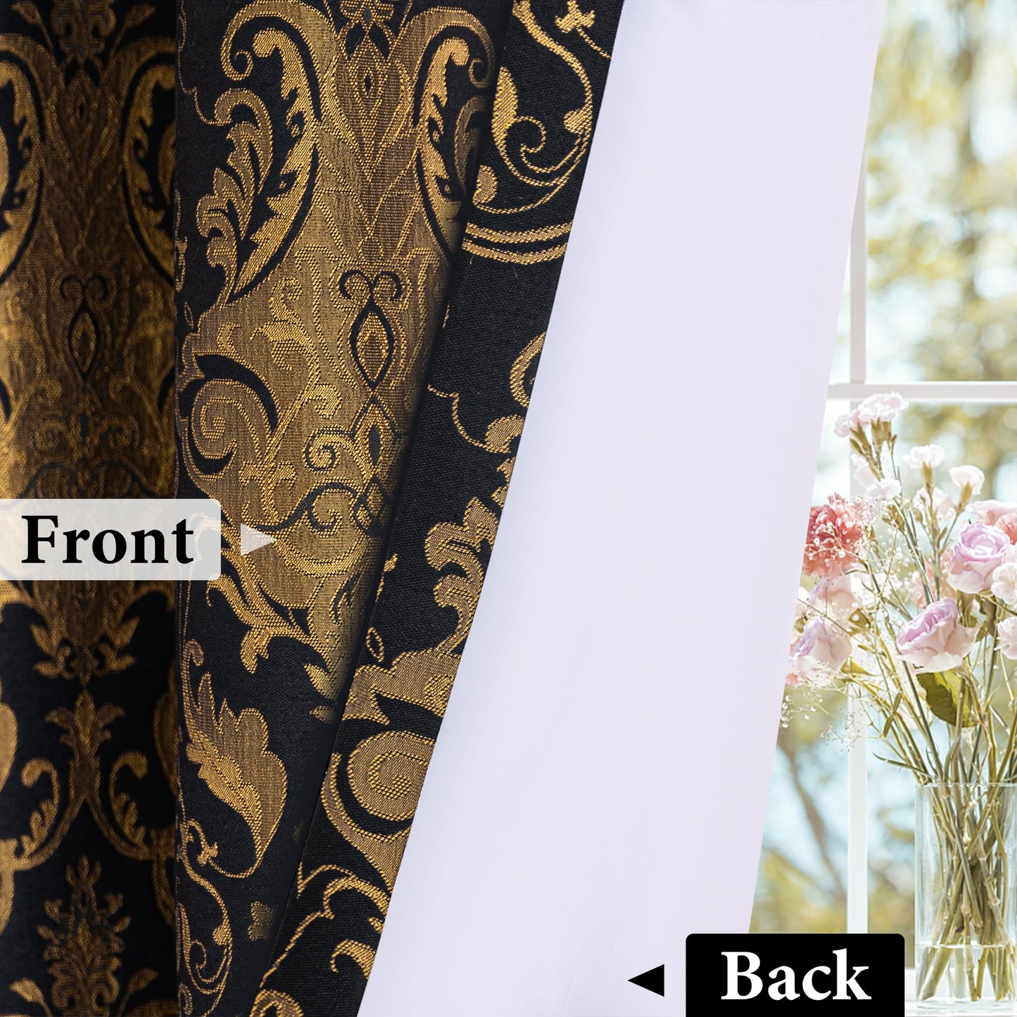 Loom and Mill Luxury Black Damask Curtains for Bedroom, Textured Lined Jacquard Curtains 2 Panels with Tiebacks, Window Curtain for Living Room Banquet Halloween Decor, Rod Pocket(42”x 63”, 2 Panels)