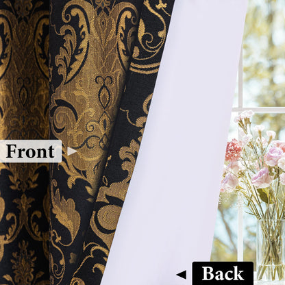 Loom and Mill Luxury Black Damask Curtains for Bedroom, Textured Lined Jacquard Curtains 2 Panels with Tiebacks, Window Curtain for Living Room Banquet Halloween Decor, Rod Pocket(42”x 63”, 2 Panels)