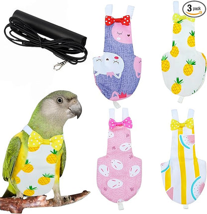 2Pcs Bird Diapers Bird Harness Flight Suits Diapers with 80 Inch Flying Leash Parrot Nappy Washable Cute Urine Wet Suit for Cockatiel Conure Macaw Budgies Parakeet-Pineapple&Watermelon,S