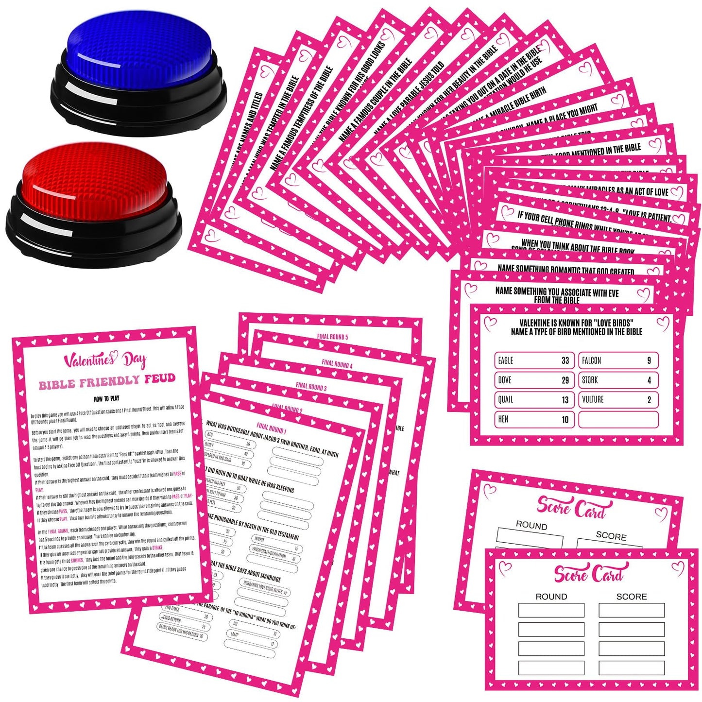 Humyoun Valentine's Day Friendly Feud Game with 2 Game Buzzers, Bible Feud Card Game for Family Game Night Fun Trivia Quiz Game for Party Office Class Groups Team
