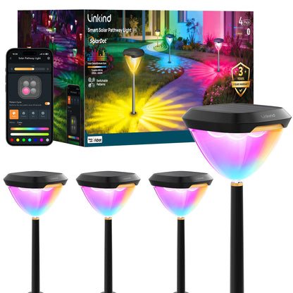Linkind Smart Solar Pathway Lights SP6, App/Voice Control Solar Lights Outdoor Waterproof, 43+ Preset Scenes, Cool/Warm White/Color-Changing Outdoor Garden Lights for Yard, Patio, 4 Pack