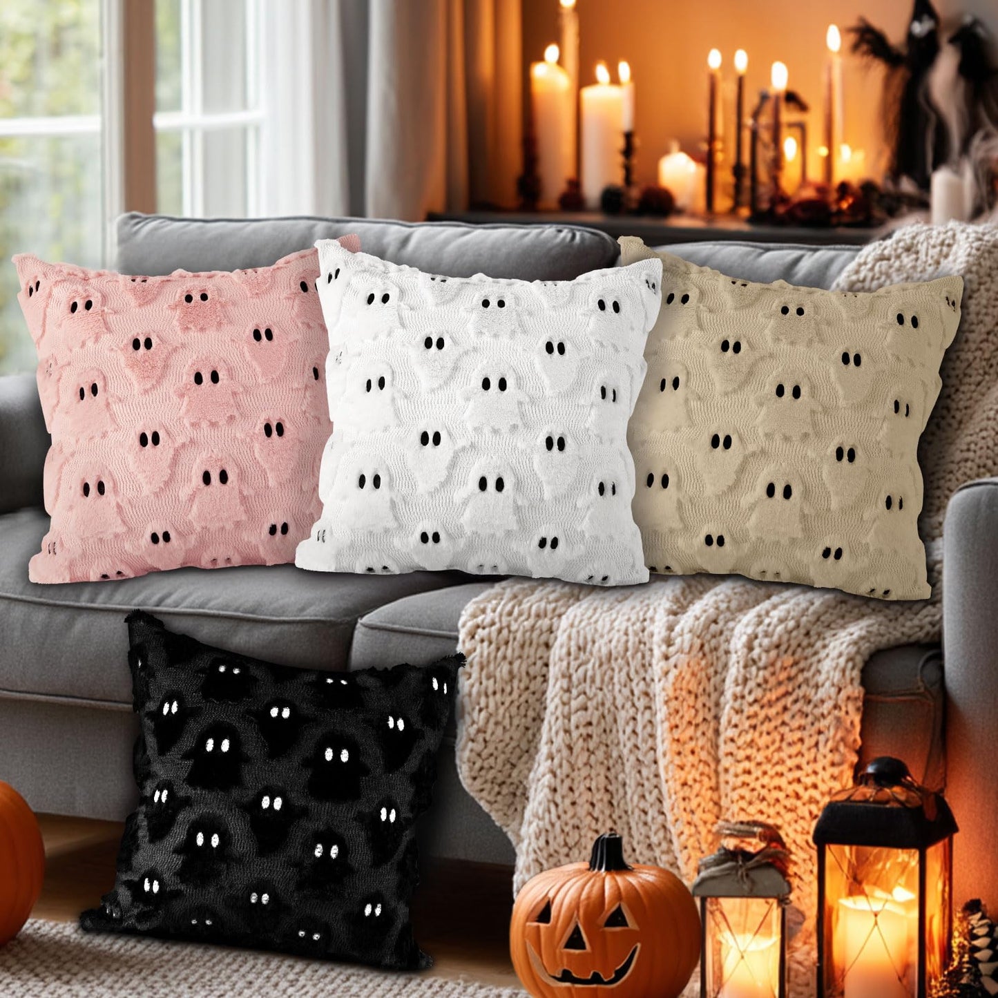 Lanpn Halloween Pillow Covers 18x18 Set of 2, Ghost Throw Pillowcases Soft Plush Faux Fur Wool Decorative Pillow Cover 18x18 Cushion Covers for Sofa Couch Chair Bed Halloween Home Decor (Beige)