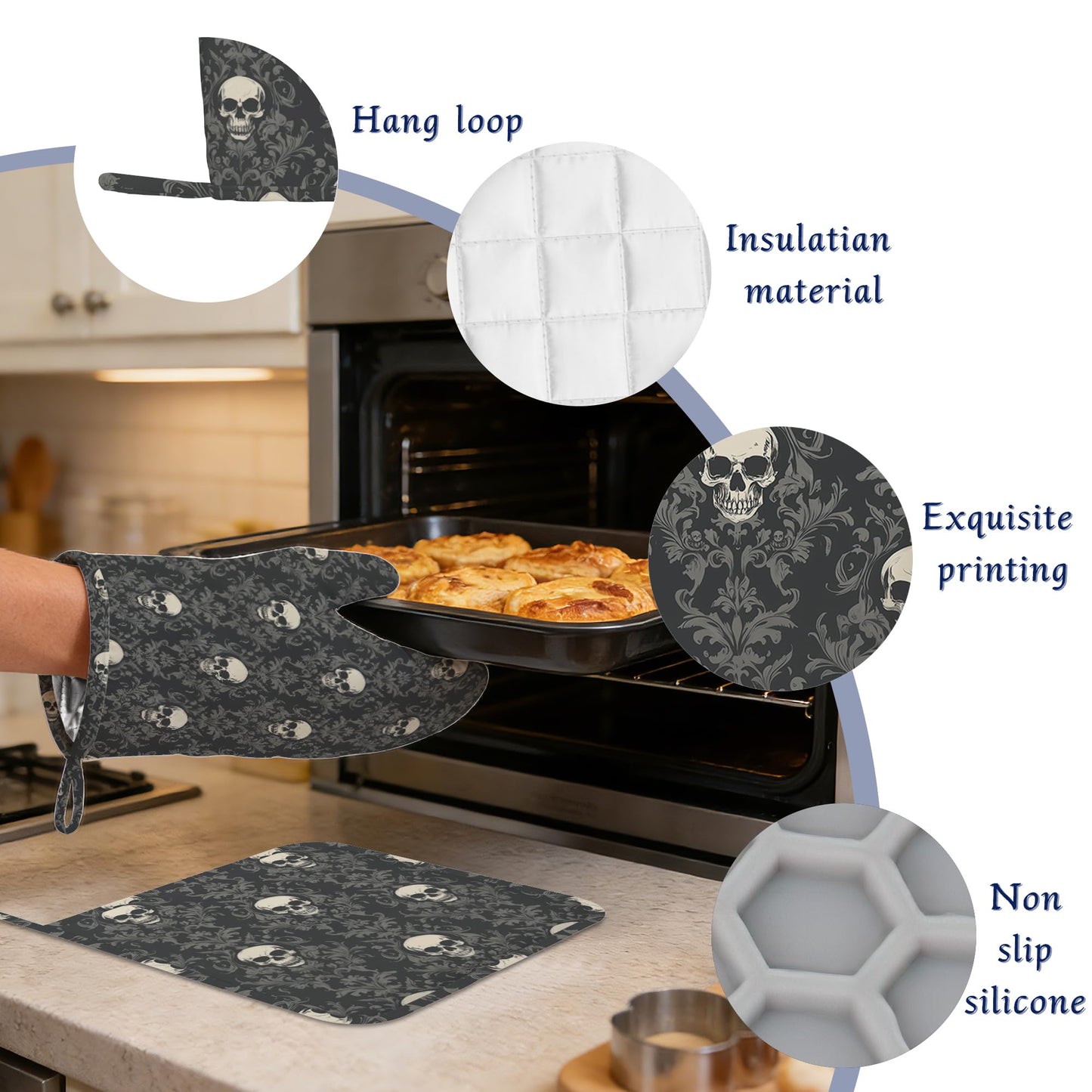 Gothic Black Skull Pot Holders and Oven Mitts Set Silicone Halloween Skulls Kitchen Gloves Potholders Heat Resistant Washable,Chef Cooking Baking Gifts for Women Men Bakers Lover Cooks