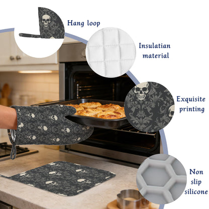 Gothic Black Skull Pot Holders and Oven Mitts Set Silicone Halloween Skulls Kitchen Gloves Potholders Heat Resistant Washable,Chef Cooking Baking Gifts for Women Men Bakers Lover Cooks