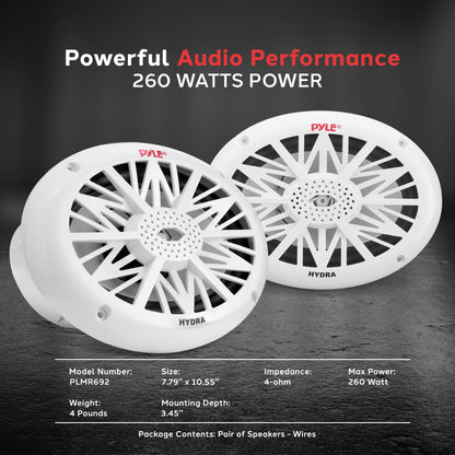 Pyle 6x9 Inch Dual Marine Speakers - 2 Way Waterproof and Weather Resistant Outdoor Audio Stereo Sound System with 260 Watt Power, Poly Carbon Cone and Cloth Surround - 1 Pair - PLMR692