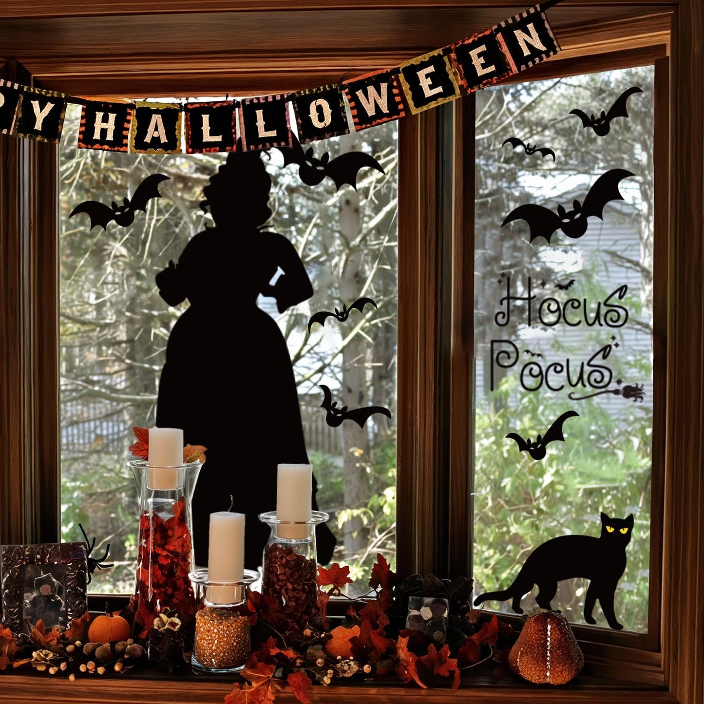 Halloween Window Clings Decoration - 35" Large Double Sided Hocus-Pocus Decor Halloween Witch Silhouette with Black Cat Bat, Spooky Scary Window Decals Stickers Home Decor for Glass Mirror, 3 Sheets
