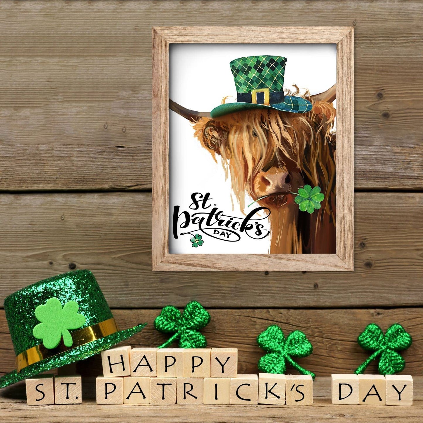 YPY Highland Cow Canvas Wall Art with 7 Interchangeable Holiday Sayings,Rustic Farmhouse Wall Sign 11"x9" Wood Frame, Seasonal St. Patrick's Day & Year-Round Home Decor for Living Room Bedroom Office
