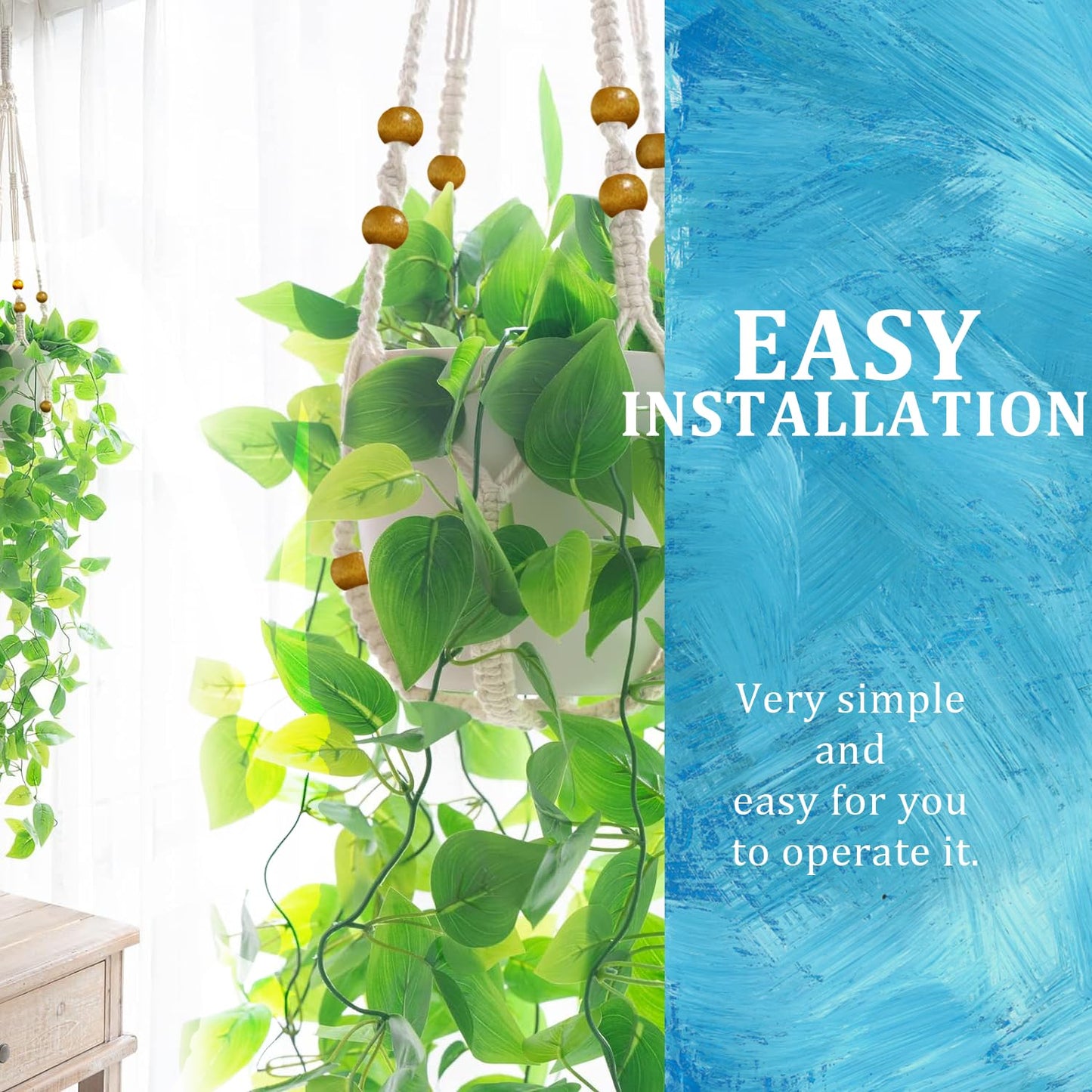 MENG ZHI AO 3 Pcs 35 Inch Macrame Plant Hanger Flower Pot Hanging Plant Holder No Tassels Decorative Hanging Planter Basket with Wood Beads for Indoor Outdoor Home Decor (Blue)