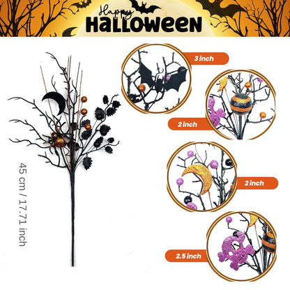 4PCS Halloween Tree Picks Decorative, Black Branches with Glittery Spider,4-Piece Set, Black Branches and Purple Spooky Branch Sprays, Indoor Halloween Decor for Table Centerpieces, Vase Bouquet