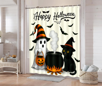 Tieshankao Halloween Bathroom Decor Ghost Cat Pumpkin Shower Curtain Spooky Decorations with 12PCS Hooks 72x72 Inch