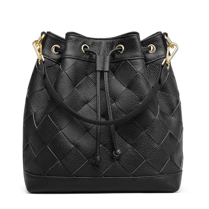 Kattee Woven Genuine Leather Bucket Bags for Women, Drawstring Crossbody Hobo Purses and Shoulder Handbags with 2 Detachable Straps, Black