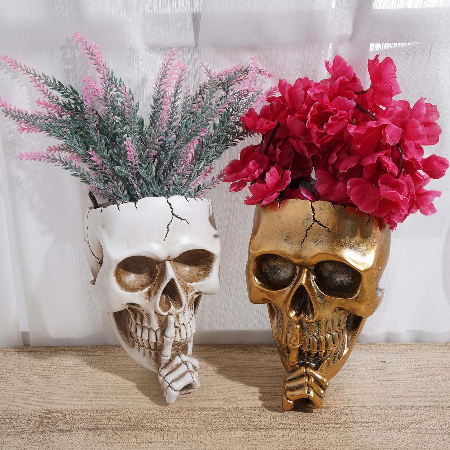 Romehaha Skull Wall Planter,Skull Shaped Hanging Resin Planter Pot Home Decor Gift,Funny Design Flower Pot for Indoor Outdoor Plants,Skeleton Sculpture Decorations (White, Don't Speak)