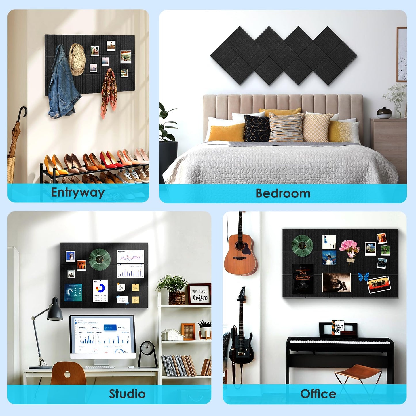 Bulletin Board 47" X 24" Cork Boards for Wall Alternative 8 Pack Black Non-Stripe Felt Bulletin Board 48 Safe Adhesive 35 Push Pins for Office School Home Room Decor